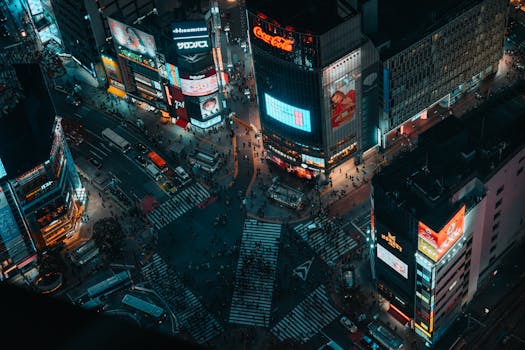 Vibrant aerial view of Shibuya Scramble Crossing in Tokyo at night, showcasing bustling city life and neon lights.